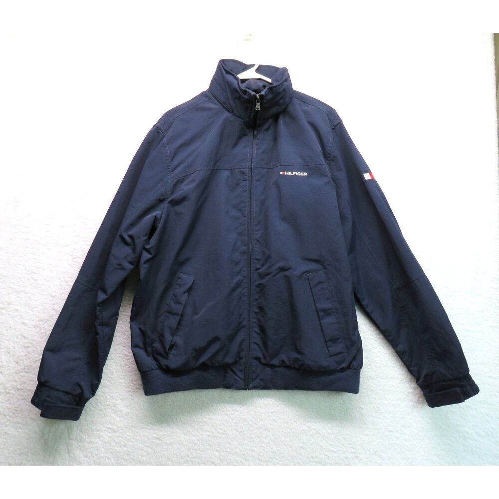 Tommy Hilfiger Jacket Mens Size Large Blue Full Zip Vintage Spellout Hidden Hood